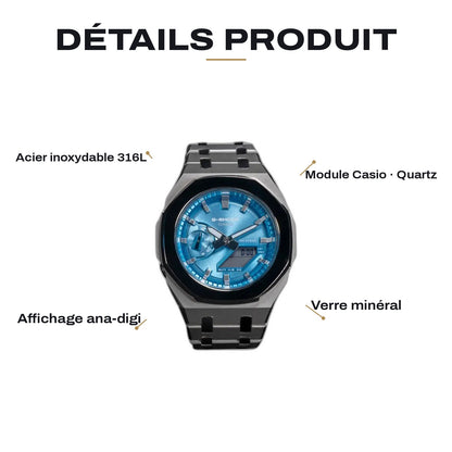 Montre CasiOak Custom Silver Blue Mirror Polish – mod G-Shock GA-2100, vue 2 — FR