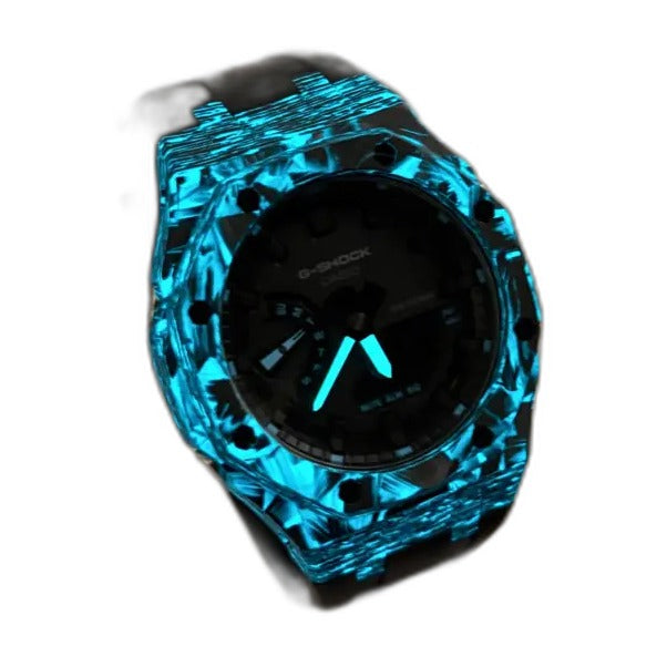 Montre CasiOak Custom Black Carbon Fiber Luminous Full Blue – mod G-Shock GA-2100, vue 5