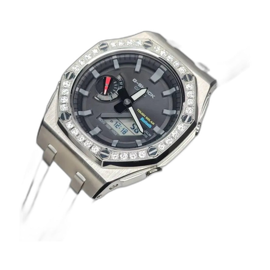 Montre CasiOak Custom Diamond Royal Grey Bluetooth – mod G-Shock GAB-2100, vue 3