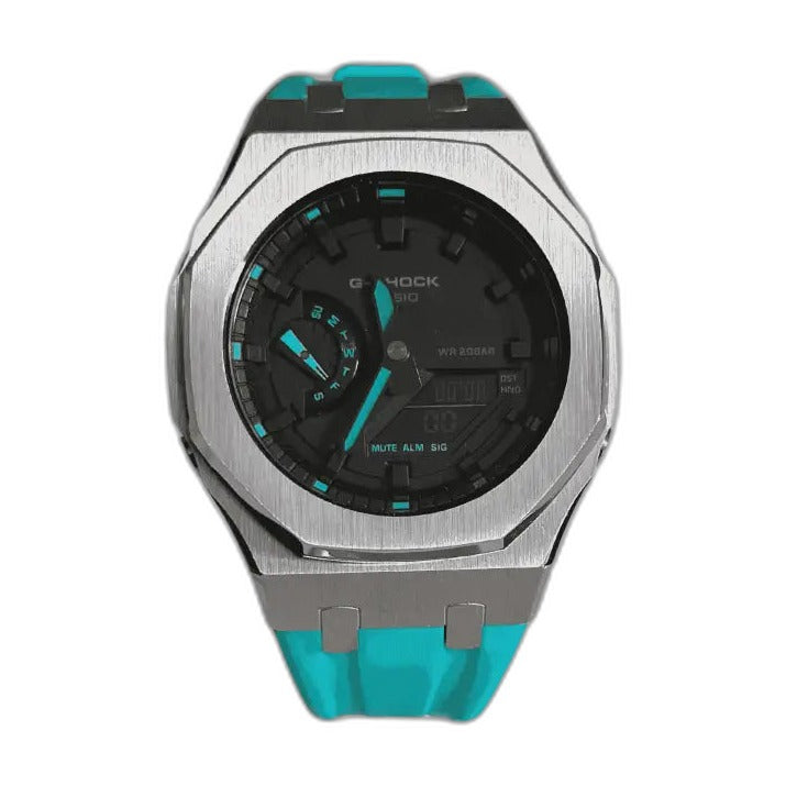 Montre CasiOak Custom Sky Blue – mod G-Shock GA-2100, vue 1 — fond blanc
