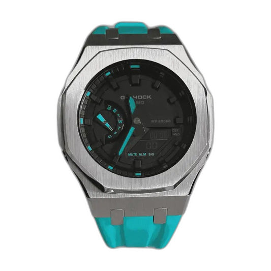 Montre CasiOak Custom Sky Blue – mod G-Shock GA-2100, vue 1 — fond blanc