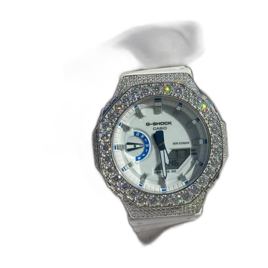 Montre CasiOak Custom Moissanite 925 Silver IcedOut Luminous Dial - Luxury Mod GA2100 – mod G-Shock GA-2100, vue 1 — fond blanc