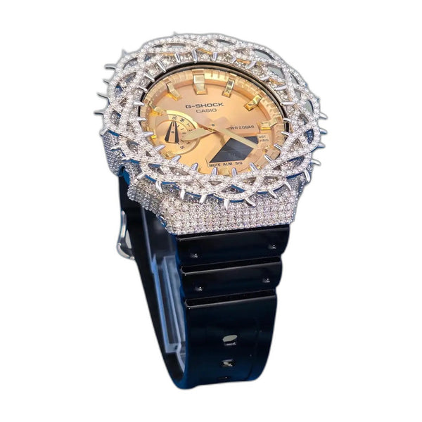 Montre G-Shock Custom Hip Hop – Moissanite 925 Silver IcedOut Thorn Black Gold - Luxury Mod GA2100
