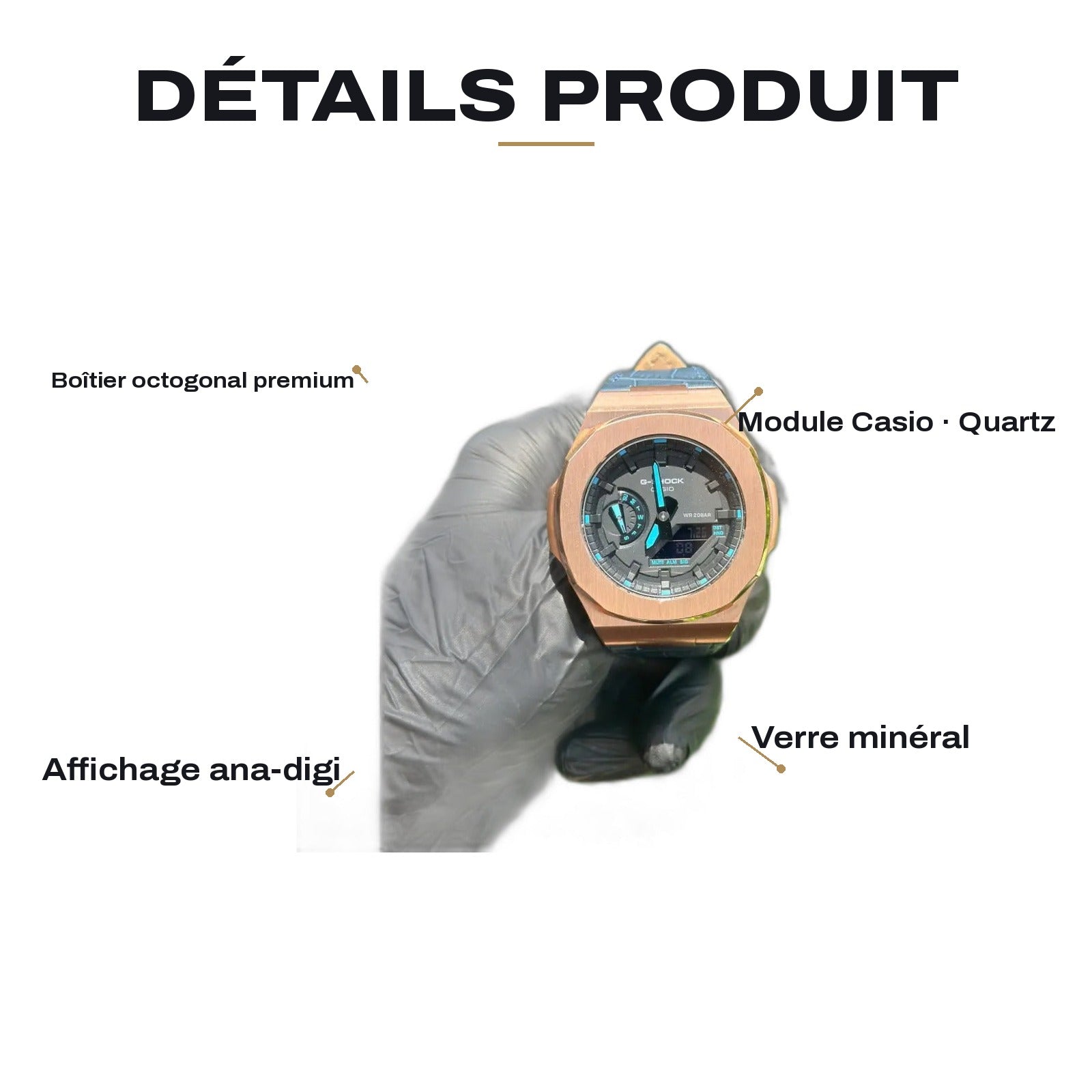 Montre CasiOak Custom Black Blue Alligator Leather - Vintage – mod G-Shock GA-2100, vue 5 — FR