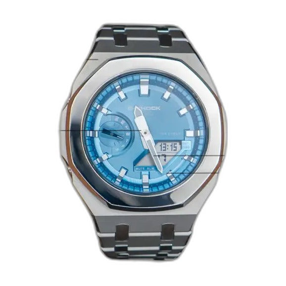 Montre CasiOak Custom Silver Blue Mirror Polish – mod G-Shock GA-2100, vue 2 — fond blanc