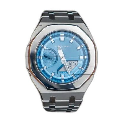 Montre CasiOak Custom Silver Blue Mirror Polish – mod G-Shock GA-2100, vue 2 — fond blanc