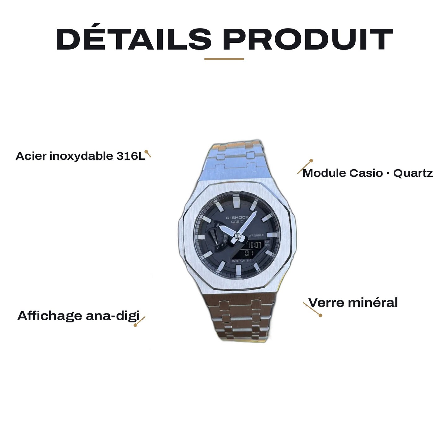 Montre CasiOak Custom Silver White – mod G-Shock GA-2100, vue 2 — FR