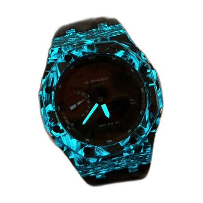 Montre CasiOak Custom Black Carbon Fiber Luminous Full Blue – mod G-Shock GA-2100, vue 3