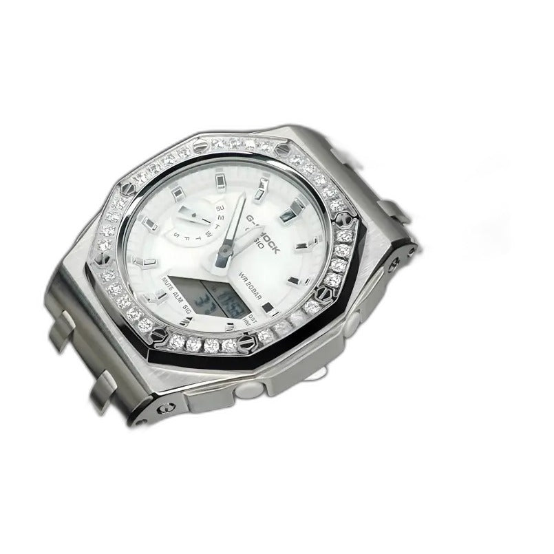 Montre CasiOak Custom Diamond Full White – mod G-Shock GA-2100, vue 3