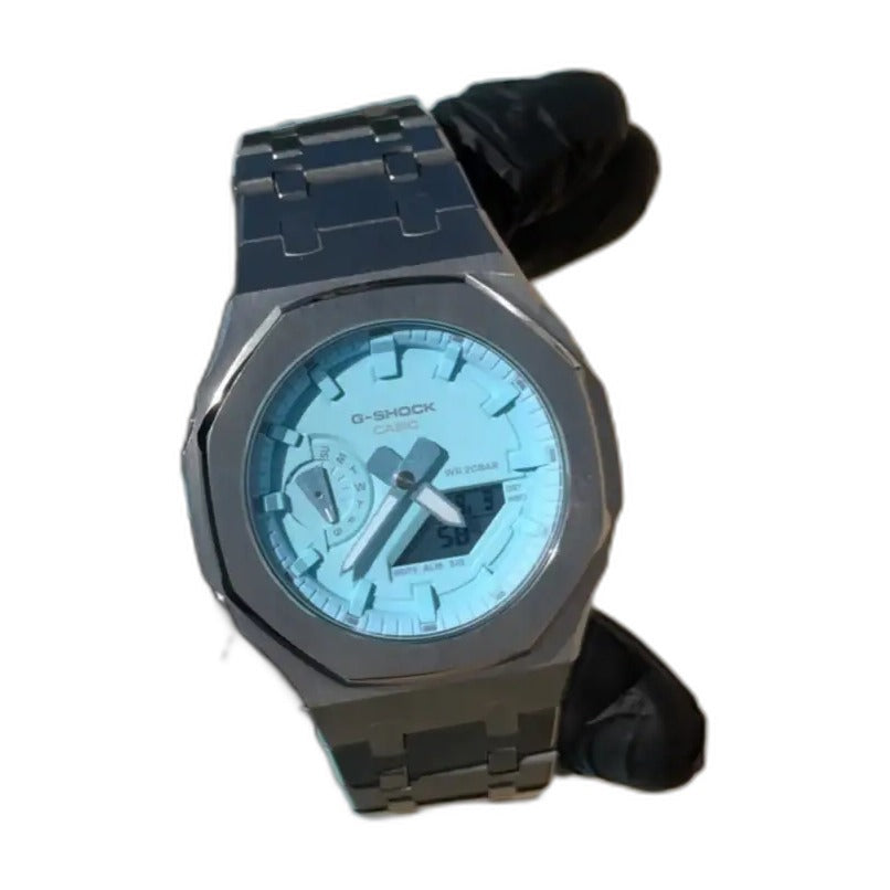 Montre CasiOak Custom Silver Sky Blue – mod G-Shock GA-2100, vue 2 — fond blanc