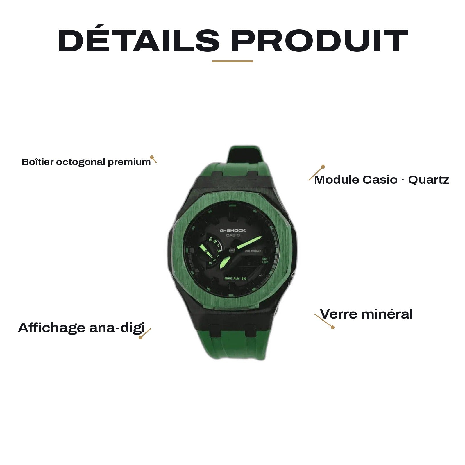 Montre CasiOak Custom Royal Green – mod G-Shock GA-2100, vue 2 — FR