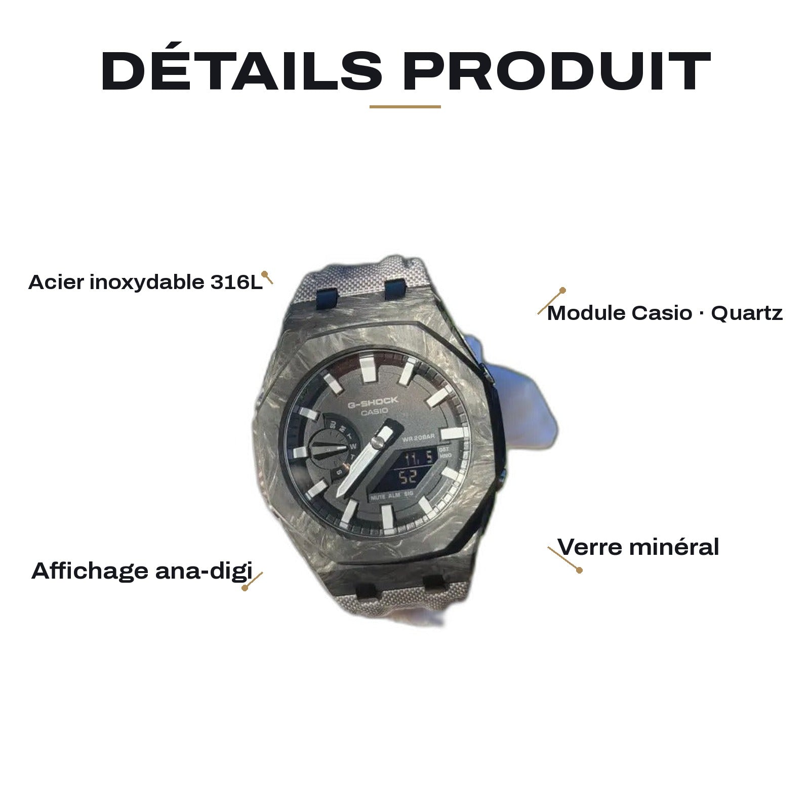 Montre CasiOak Custom Silver White Carbon Fiber – mod G-Shock GA-2100, vue 4 — FR
