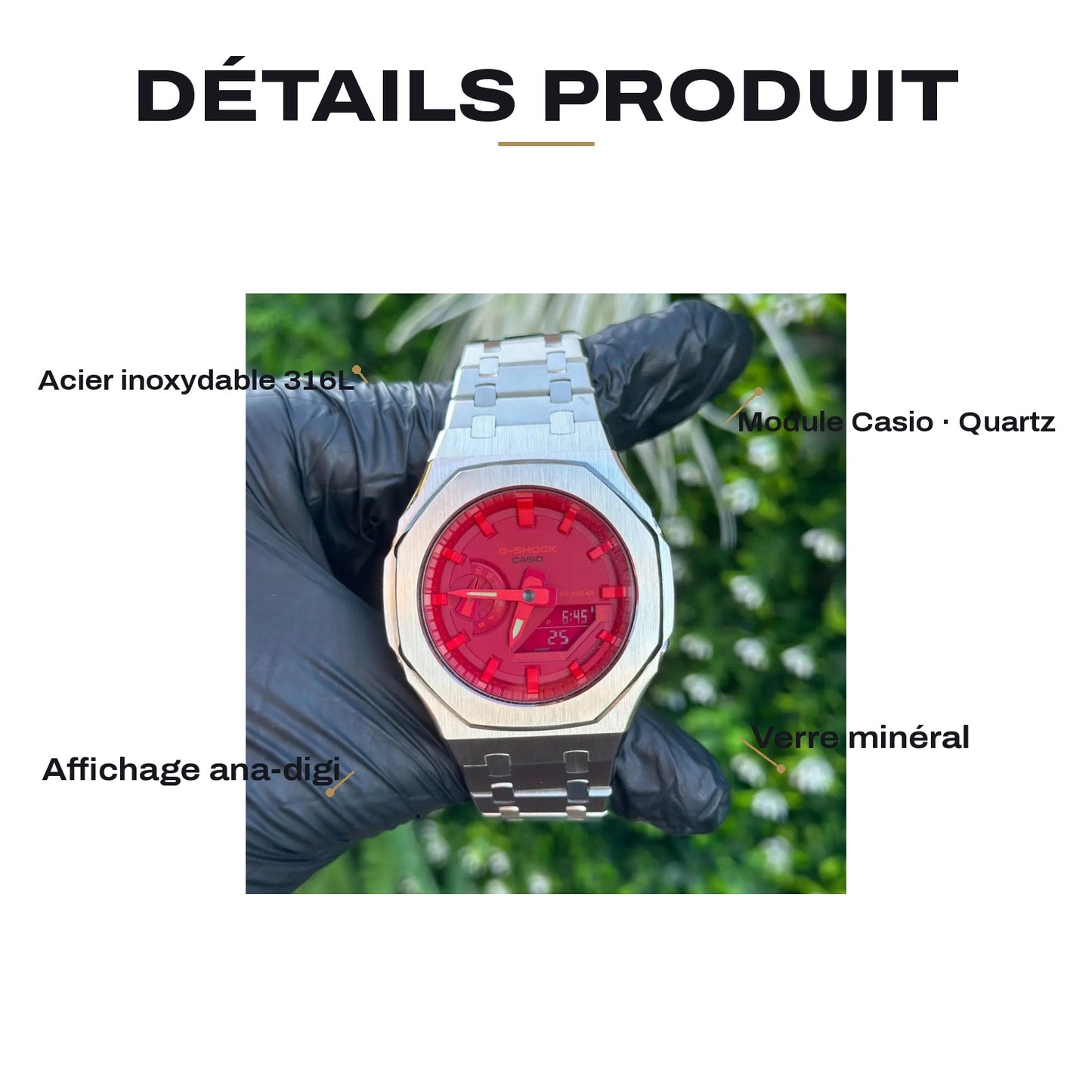 Montre CasiOak Custom Silver Red – mod G-Shock GA-2100, vue 2 — FR