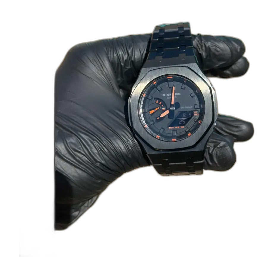 Montre CasiOak Custom Black Orange Steel – mod G-Shock GA-2100, vue 1