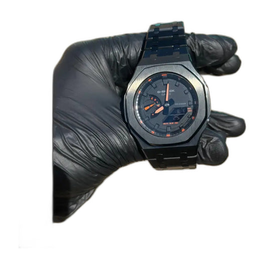 Montre CasiOak Custom Black Orange Steel – mod G-Shock GA-2100, vue 1