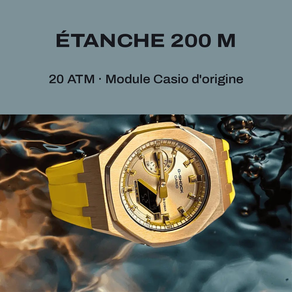Montre CasiOak Custom Yellow Rose Gold – mod G-Shock GA-2100, vue 3 — FR