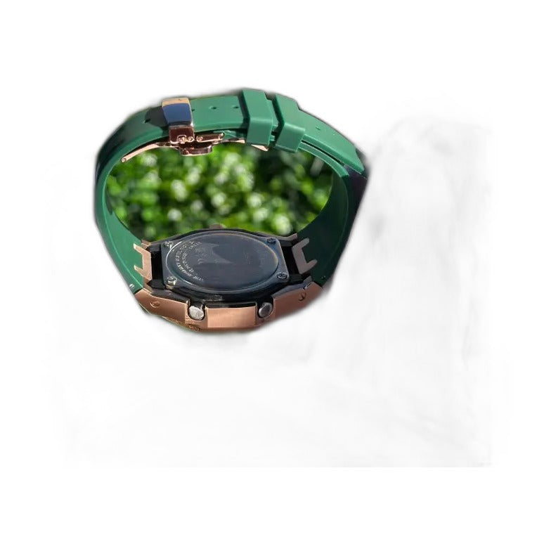 Montre CasiOak Custom Rose Gold Green Edition Bluetooth – mod G-Shock GAB-2100, vue 2 — fond blanc