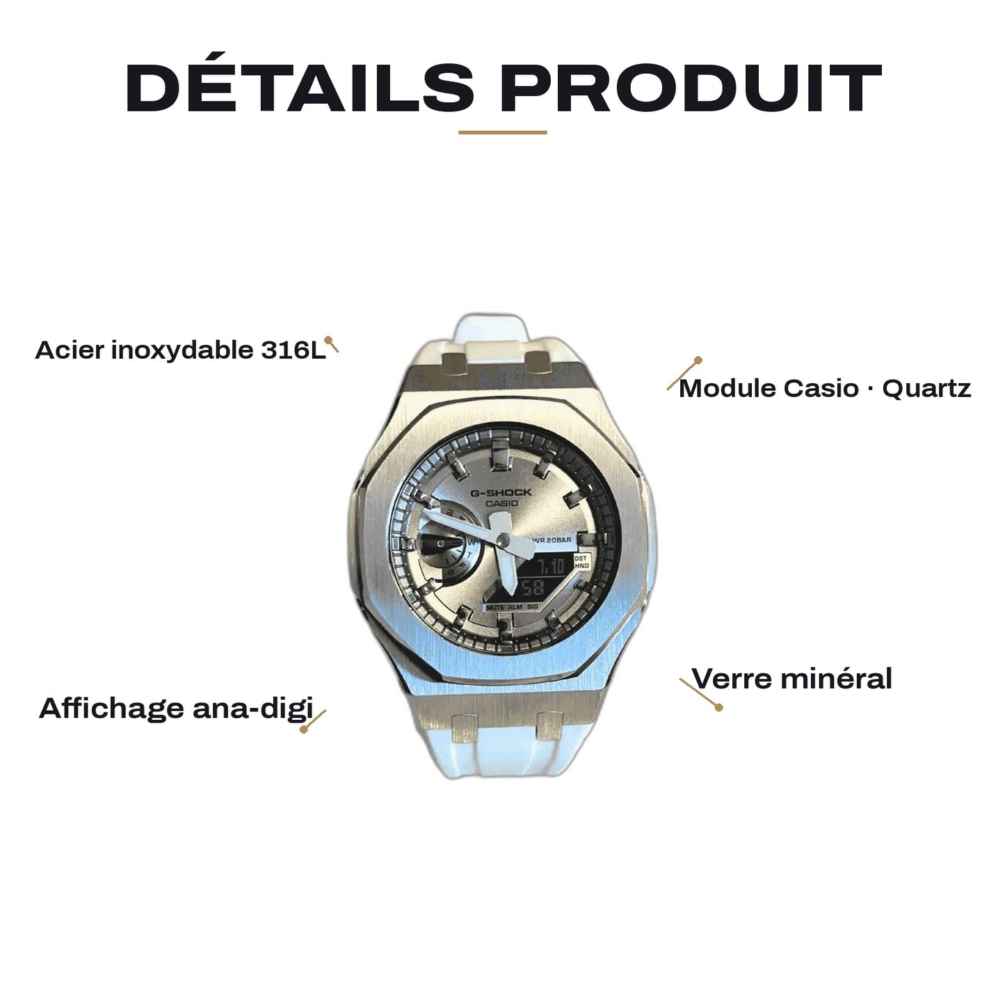 Montre CasiOak Custom White Silver Dial – mod G-Shock GA-2100, vue 2 — FR