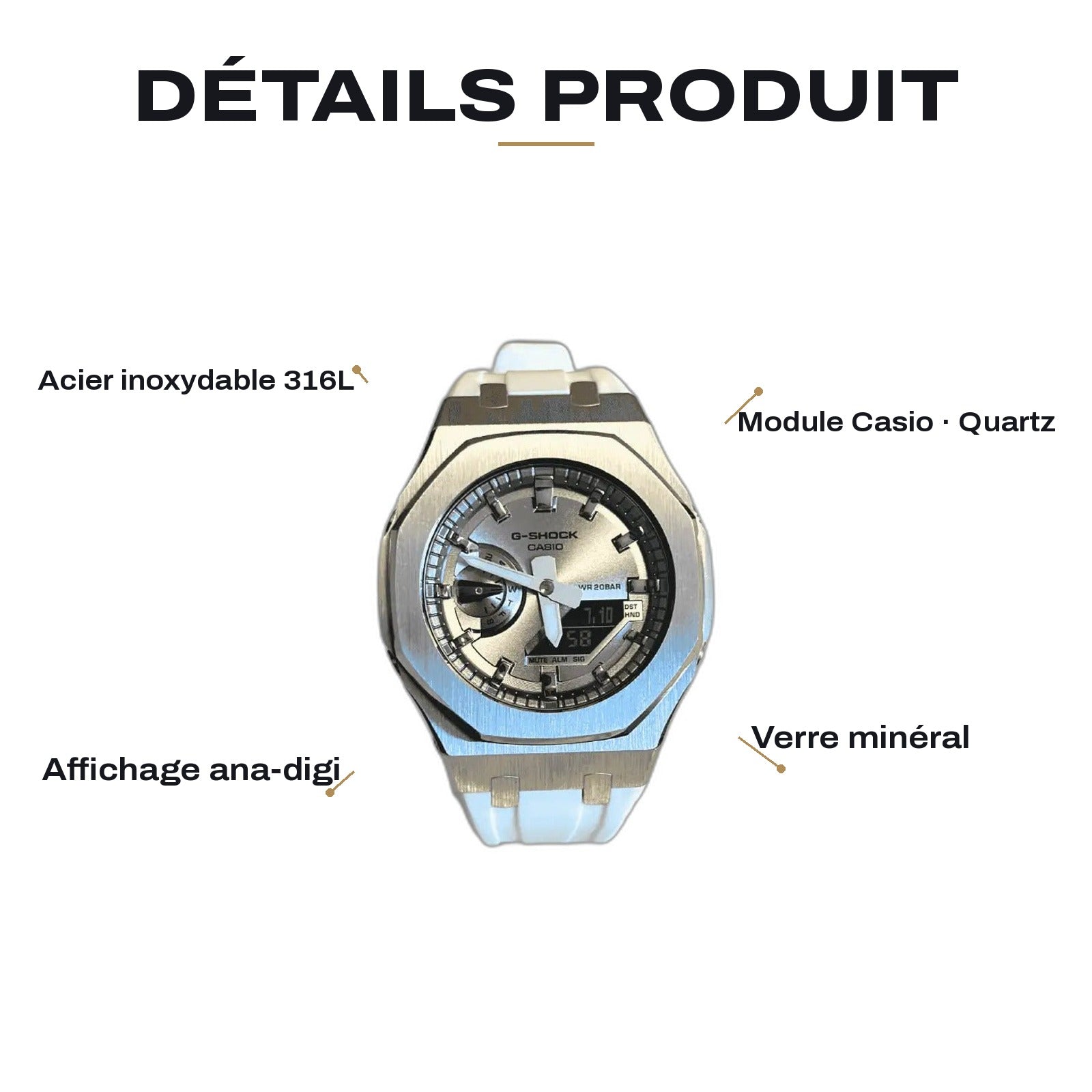 Montre CasiOak Custom White Silver Dial – mod G-Shock GA-2100, vue 2 — FR