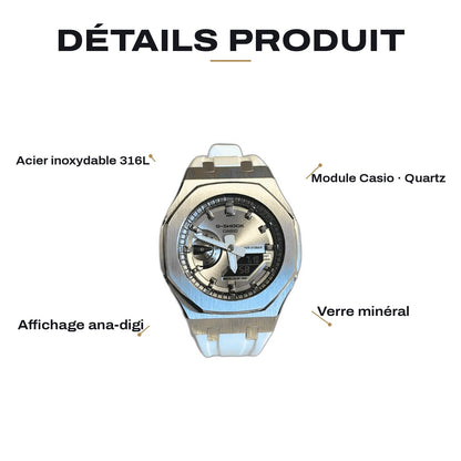 Montre CasiOak Custom White Silver Dial – mod G-Shock GA-2100, vue 2 — FR