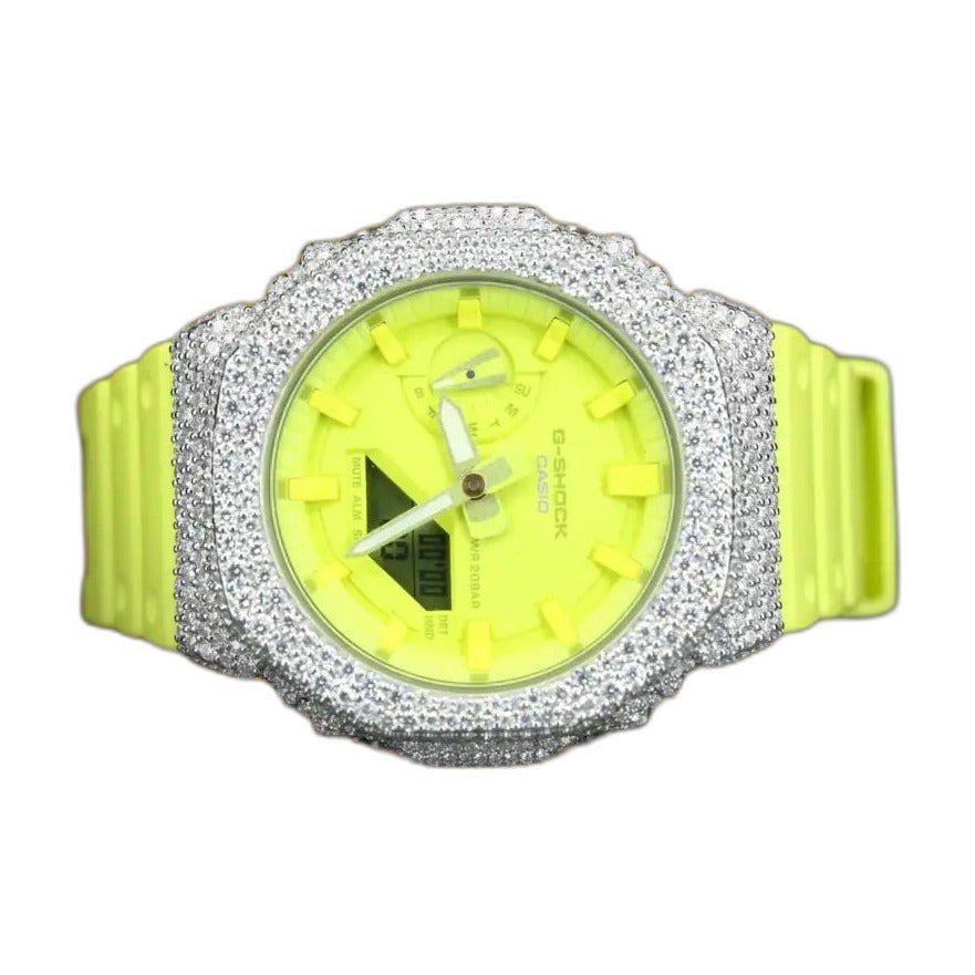 Montre CasiOak Custom Moissanite 925 Silver IcedOut Fluo Yellow Dial - Luxury Mod GA2100 – mod G-Shock GA-2100, vue 1 — fond blanc