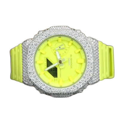 Montre CasiOak Custom Moissanite 925 Silver IcedOut Fluo Yellow Dial - Luxury Mod GA2100 – mod G-Shock GA-2100, vue 1 — fond blanc