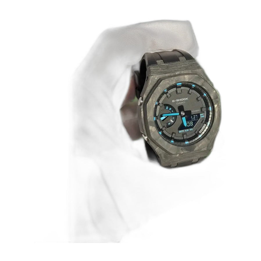 Montre CasiOak Custom Black Carbon Fiber Luminous Full Blue – mod G-Shock GA-2100, vue 7