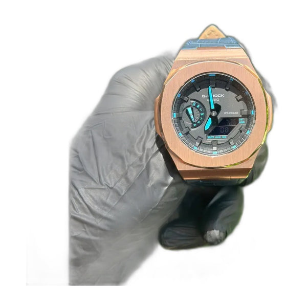Montre CasiOak Custom Black Blue Alligator Leather - Vintage – mod G-Shock GA-2100, vue 1 — fond blanc