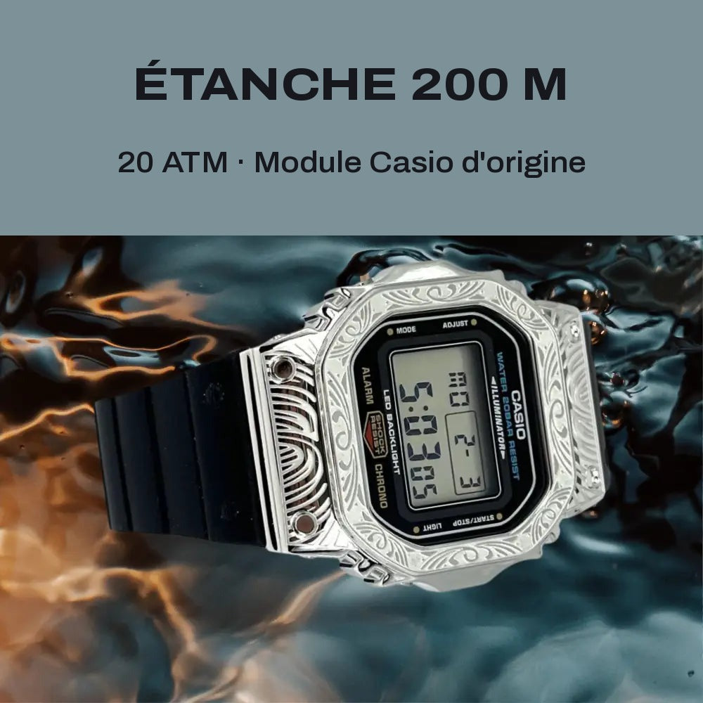 Montre CasiOak Custom Silver Black Pattern - – mod G-Shock DW-5600, vue 3 — FR