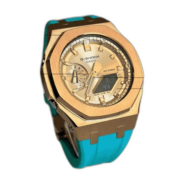 Montre CasiOak Custom Rose Gold Turquoise – mod G-Shock GA-2100, vue 2 — fond blanc