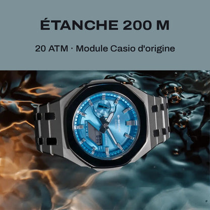 Montre CasiOak Custom Silver Blue Mirror Polish – mod G-Shock GA-2100, vue 3 — FR