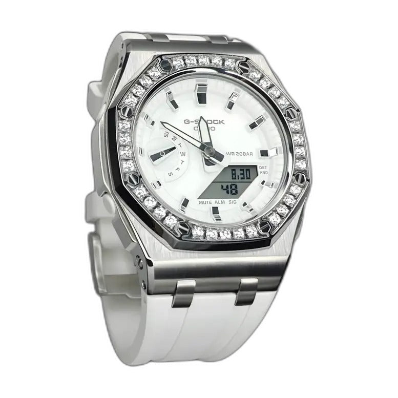 Montre CasiOak Custom Diamond Full White – mod G-Shock GA-2100, vue 1