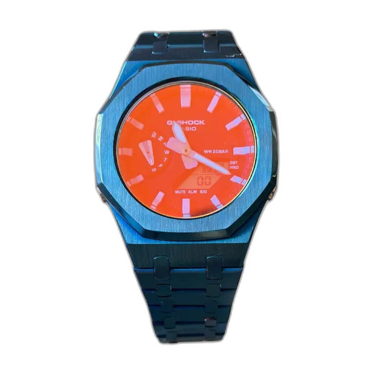 Montre CasiOak Custom Full Blue Mirror Rainbow Dial – mod G-Shock GA-2100, vue 3
