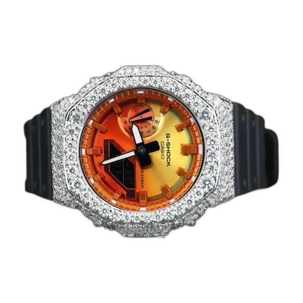 Montre CasiOak Custom Moissanite 925 Silver IcedOut Orange Dial - Luxury Mod GA2100 – mod G-Shock GA-2100, vue 1 — fond blanc