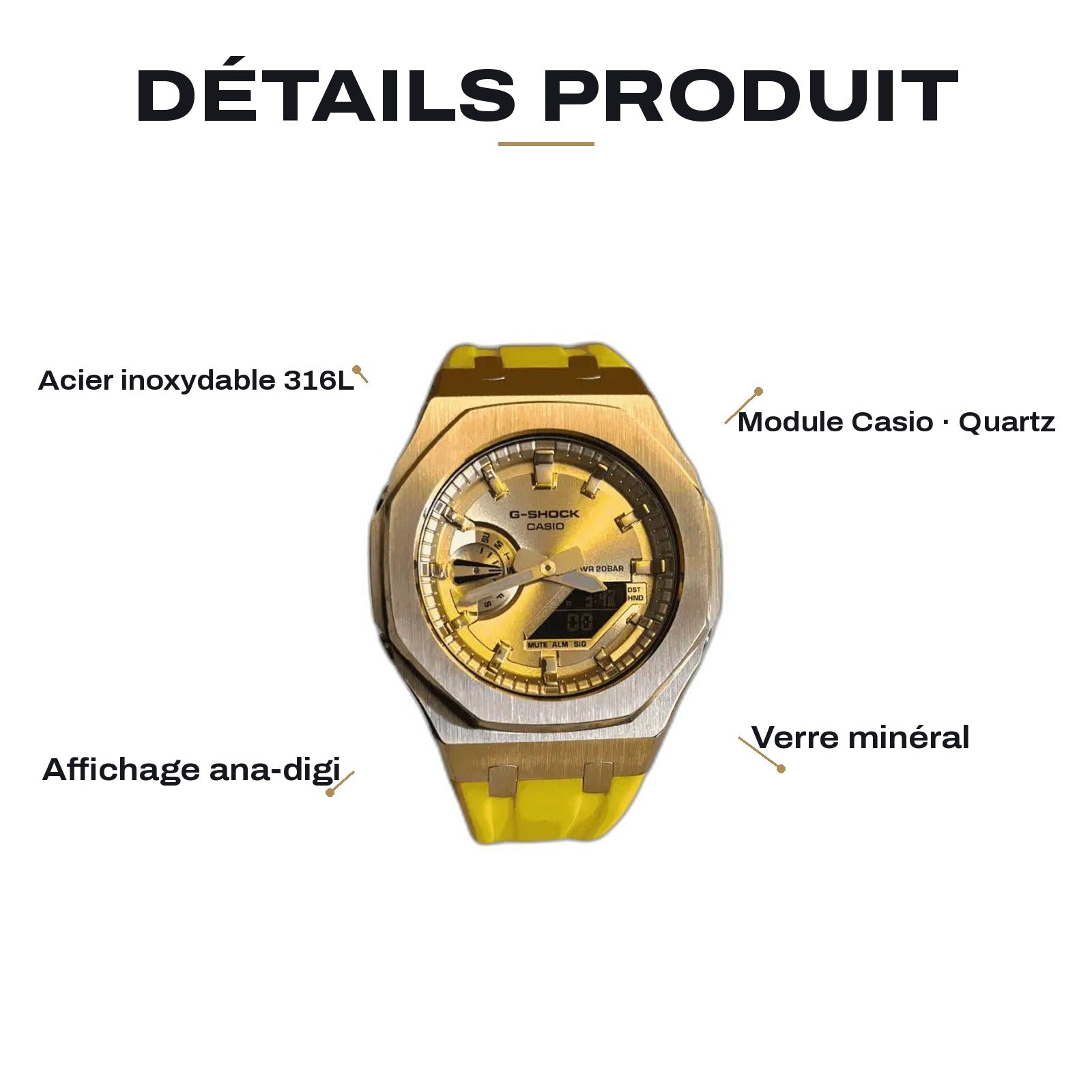 Montre CasiOak Custom Yellow Rose Gold – mod G-Shock GA-2100, vue 2 — FR