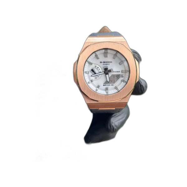 Montre CasiOak Custom White Blue Alligator Leather - – mod G-Shock GA-2100, vue 1 — fond blanc