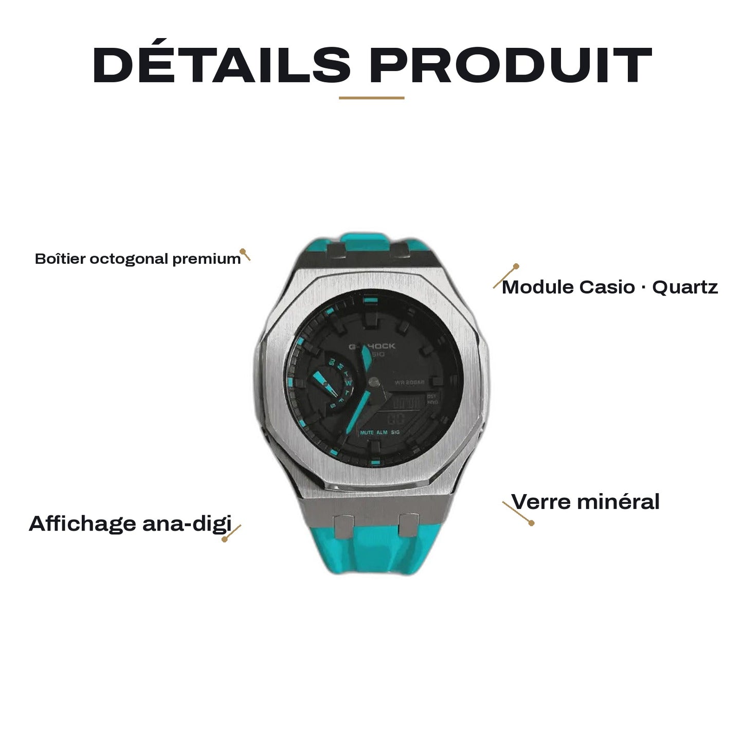 Montre CasiOak Custom Sky Blue – mod G-Shock GA-2100, vue 2 — FR