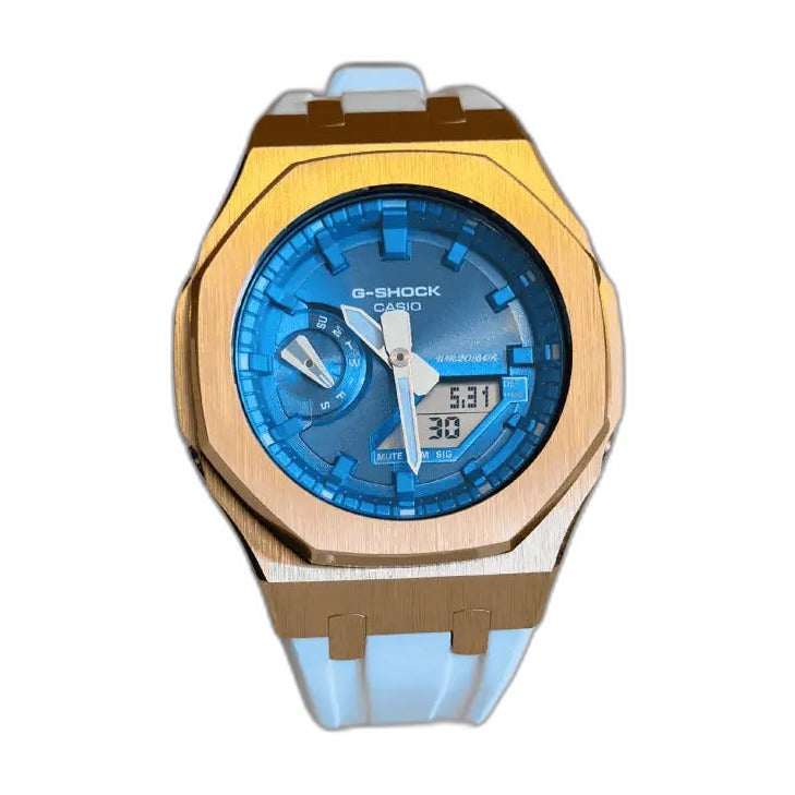 Montre CasiOak Custom White Blue Rose Gold – mod G-Shock GA-2100, vue 1 — fond blanc