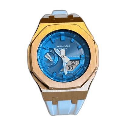 Montre CasiOak Custom White Blue Rose Gold – mod G-Shock GA-2100, vue 1 — fond blanc