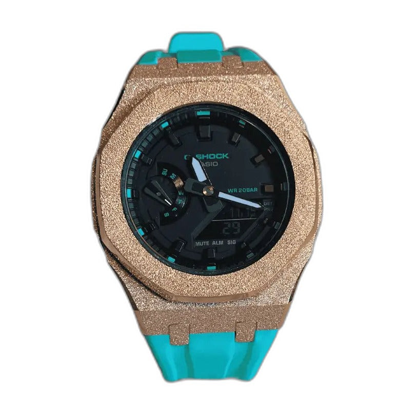 Montre CasiOak Custom Rose Gold Blue Frosted – mod G-Shock GA-2100, vue 1
