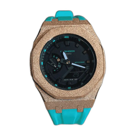 Montre CasiOak Custom Rose Gold Blue Frosted – mod G-Shock GA-2100, vue 1