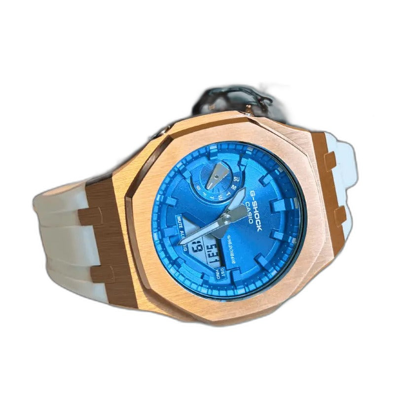 Montre CasiOak Custom White Blue Rose Gold – mod G-Shock GA-2100, vue 3 — fond blanc