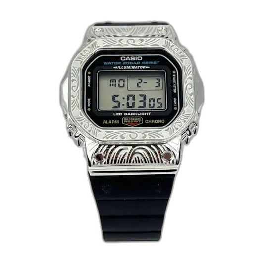 Montre CasiOak Custom Silver Black Pattern - – mod G-Shock DW-5600, vue 1 — fond blanc
