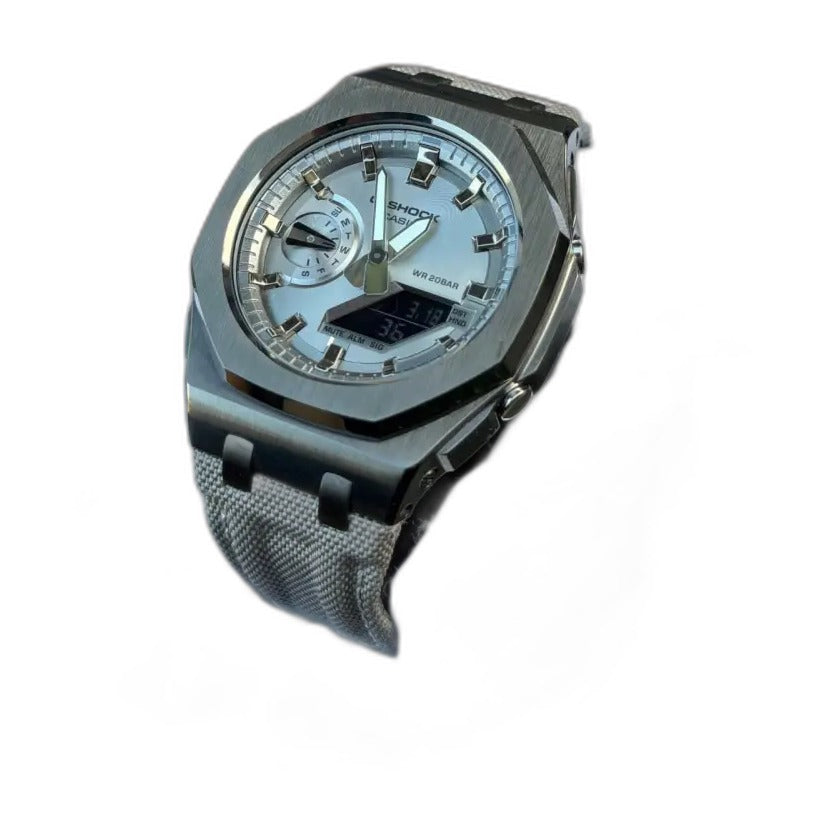 Montre CasiOak Custom Silver Metal – mod G-Shock GAB-2100, vue 3 — fond blanc