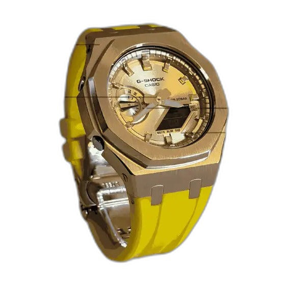 Montre CasiOak Custom Yellow Rose Gold – mod G-Shock GA-2100, vue 2 — fond blanc