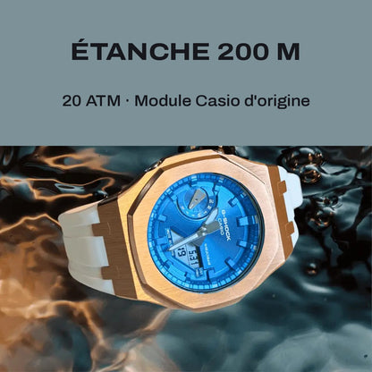 Montre CasiOak Custom White Blue Rose Gold – mod G-Shock GA-2100, vue 3 — FR