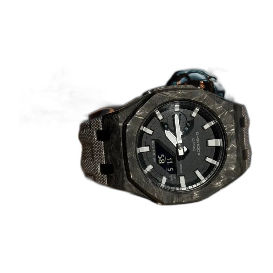 Montre CasiOak Custom Silver White Carbon Fiber – mod G-Shock GA-2100, vue 6 — fond blanc