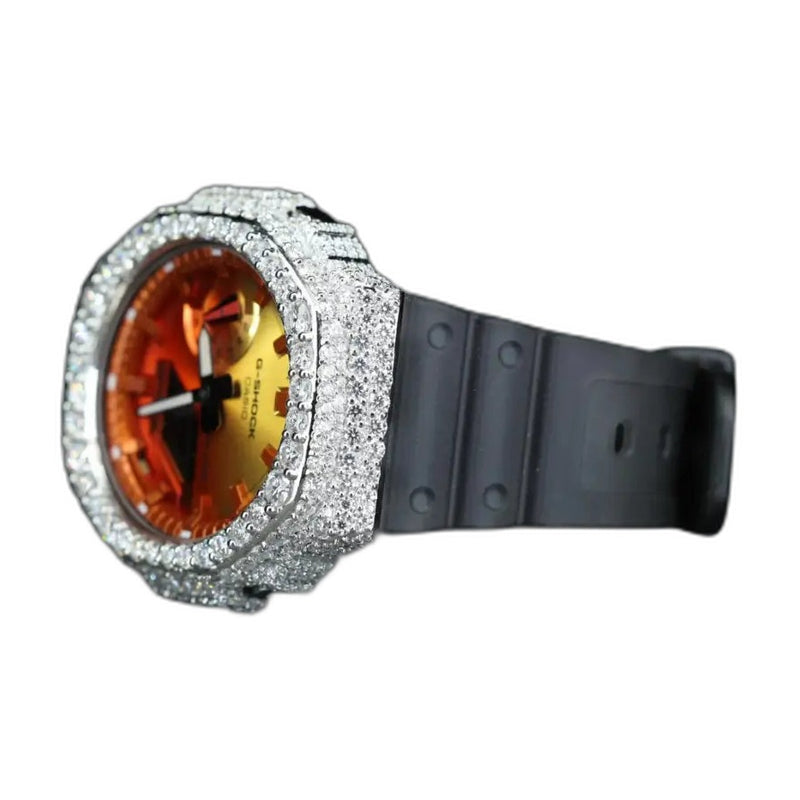 Montre G-Shock Custom Hip Hop – Moissanite 925 Silver IcedOut Orange Dial - Luxury Mod GA2100