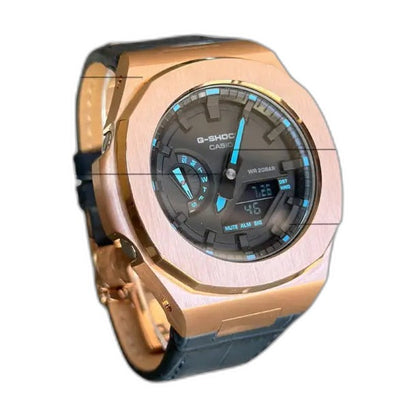 Montre CasiOak Custom Black Blue Alligator Leather - Vintage – mod G-Shock GA-2100, vue 5 — fond blanc