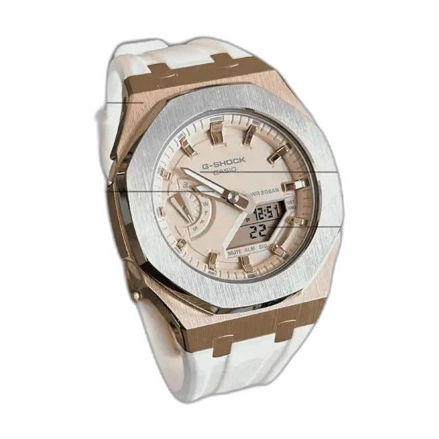 Montre CasiOak Custom White Rose Gold – mod G-Shock GA-2100, vue 2 — fond blanc